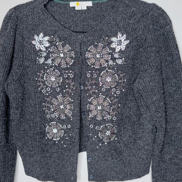Boden Fireworks Cardigan Womens Medium Dark Gray Beaded Wool Alpaca Ribbed Crop - Picture 1 of 7
